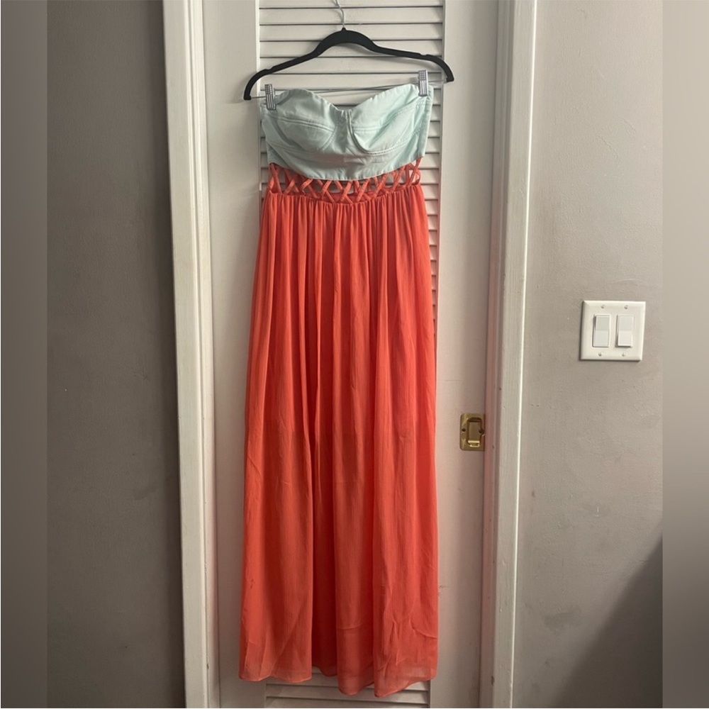 Minuet Mint and Coral Strapless Maxi Dress